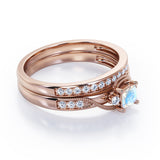 Trilogy Duo Milgrain 0.7 TCW Princess Cut Moonstone and Moissanite Vintage Bridal Ring Set in White Gold