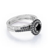 Double Halo Pave 1.75 TCW Round Lab Created Black Diamond Filigree Wedding Ring Set in White Gold