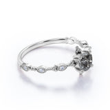 Unique .65 Carat Round Cut Natural Salt and Pepper Diamond Dainty Modern Engagement Ring in 18k White Gold over Silver