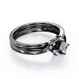 Petite Pave-Channel - 0.55 TCW Rhombus Princess Cut Moissanite - Prong Tensioned Wedding Ring Set -  Black Gold