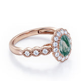 Vintage Floral Halo 0.7 carat Oval and Round Moss Green Agate and diamond Engagement Ring in Rose Gold