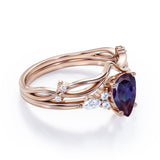 1.40 Ct Tear Drop Lab Alexandrite V Shaped Bridal Set