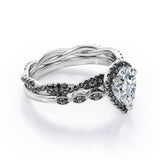 Eternity Crossover 1.75 TCW Pear Shaped Moissanite with Lab Created Black Diamond Halo-Vintage Style Wedding Ring Set in White Gold