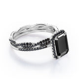 Crossover with Pave Accents - 1.75 TCW Emerald Cut Lab Created Black Diamond - Halo Bridal Ring Set in White Gold