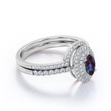Unique Double Halo 2 Carat Oval Cut Artificial Blue Alexandrite with Diamond Semi Eternity Band Wedding Ring Sets in Rose Gold for Her