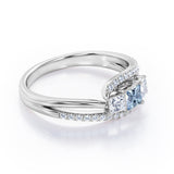 Shared Prongs 1 carat Princess Aquamarine and Moissanite Split Shank Band Engagement Ring in Rose Gold