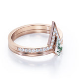 Modern 0.75 carat Kite Shaped Moss Agate and Moissanite Bridal Ring Set in White Gold