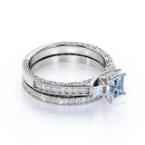 Three Stone 1.50 ct Princess Aquamarine Pave Wedding Set