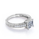 Art Deco Pave Set 0.50 Carat Princess Cut Diamond Vintage Milgrain Engagement Ring In White Gold