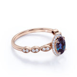 Four Claws Under Halo 1.50 Carat Oval Cut Synthetic Alexandrite and Diamond Marquise Dot Art Deco Engagement Ring