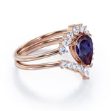 Tiara Design 1.40 Carat Pear Cut Lab Created  Alexandrite And Diamond Three Prong Unique Wedding Ring Set In White Gold