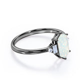 Unique Six Prong Basket Set 1.15 Carat Hexagon Shaped White Fire Opal And Diamond Five Stone Engagement Ring In White Gold.