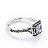 Double Halo Design - 1.45 TCW Princess Cut Moissanite with Lab Created Black Diamond - Engagement Ring with Pave Accents in Black Gold