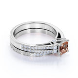 Limited Time Sale: 2 Carat Princess cut Morganite and Diamond Halo Art Deco Wedding Ring Set in Yellow Gold