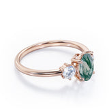 Simple Trio Stone 0.8 carat Oval Moss Green Agate and Diamond Engagement Ring in Rose Gold