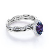Infinity Under Halo 1.75 Carat Oval Cut Lab Alexandrite and Diamond Eternity Bridal Set Rings