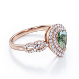 Double Halo 1.25 carat Pear Moss Agate and Moissanite Engagement Ring in White gold