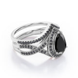 1.75 ct Pear Lab Black Diamond Milgrain Halo Wedding Ring Set