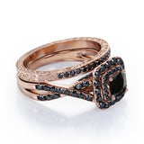Filigree Twisted Pave 1.75 TCW Princess Cut Lab Created Black Diamond Rounded Square Double Halo Bridal Set in White Gold
