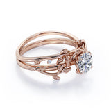 Leaf and Vine Art Deco 1 Carat Round Cut Moissanite and Diamond Bridal Ring Set in 10k Rose Gold for Women