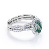 Clustered Oval 1.25 Carat Moss Agate Wedding Ring Set