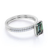 Solitaire 4 Claw 1.50 Carat Emerald Cut Lab Made Alexandrite and Diamond Pave Wedding Ring Sets