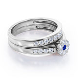 Flower Cluster Design 0.5 TCW Round-Shaped Blue Sapphire and Moissanite Flush-Channel Bridal Ring Set in Rose Gold