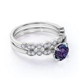 4 Prong Solitaire 1.50 Carat Round Cut Lab Grown Alexandrite and Diamond Marquise Dot Art Deco Wedding Ring Sets