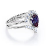 Tiara Design 1.40 Carat Pear Cut Lab Created  Alexandrite And Diamond Three Prong Unique Wedding Ring Set In White Gold