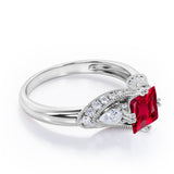 Vintage Eight Prongs 1.30 Carat Princess Cut  Lab Ruby And Diamond Marquise Framed Beaded Engagement Ring In Rose Gold