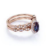 Vintage Hidden Halo 1.75 Carat Oval Cut Lab Alexandrite and Diamond Art Deco Bridal Set Rings
