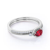 Three Stone Bezel Design 1.50 Carat Pear Shape Lab Ruby and Diamond Pave Wedding Ring Set in White Gold