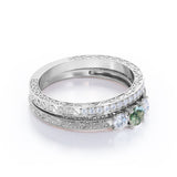 Handmade Antique 1 carat Round Moss Agate and Moissanite 3 Stones Bridal Ring Set in White Gold