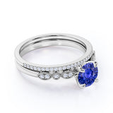 Classic 2 Carat Round Cut Sapphire and Diamond Bridal Ring Set with Pave Band in White Gold