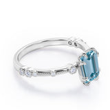 Sharp Eight Claws 1.10 Carat Emerald Cut Aquamarine And Diamond Beaded Engagement Ring In White Gold