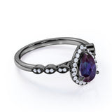 Bezel Halo 1.50 Carat Pear Shape Lab Created Alexandrite and Diamond Marquise Dot Art Deco Engagement Ring
