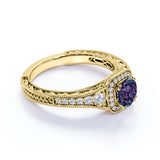 Vintage Filigree 1.35 Carat Round Cut Lab Created Alexandrite And Diamond Eight Prong Halo Engagement  Ring In White Gold