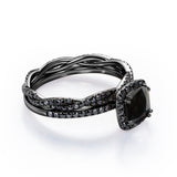 Eternity Crossover - 1.75 TCW Cushion Cut Lab Created Black Diamond - Halo Pave Setting Wedding Set in White Gold