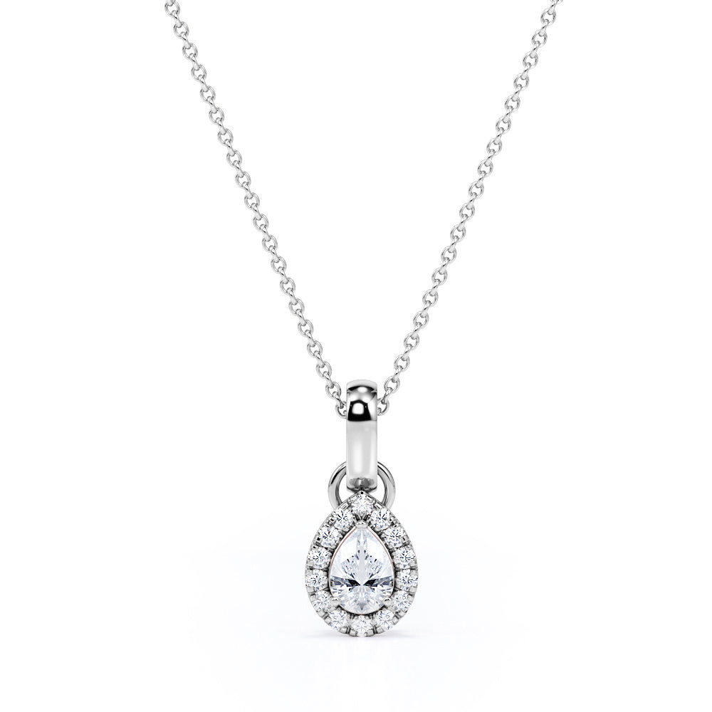 1.10 Carat Bezel Set Pear Shape Certified Moissanite and Diamond Scallop Setting Stud Pendant Necklace in Rose Gold