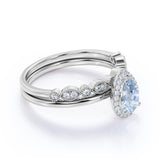 Halo 1.50 ct Pear Cut Aquamarine Vintage Bridal Set