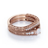 Tapered Four Prong Beaded 1.25 Carat Round Cut Ethiopian Opal And Diamond Vintage Art Deco Wedding Ring Set In White Gold