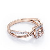 1.25 Carat Princess Cut Morganite and diamond - Half Crossover Pave - Halo Engagement Ring in White Gold