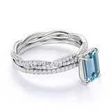 Pave 1.25 ct Emerald Cut Aquamarine Infinity Bridal Ring Set