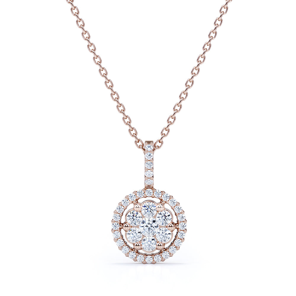 Floral 0.30 Carat Round Cut Moissanite Pave Set Halo Pendant Necklace In White Gold