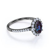 Snowflake Cluster 1.50 Carat Oval Cut Lab Created Alexandrite and Diamond Halo Engagement Ring