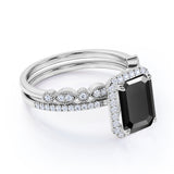 Artdeco scalloped 1.75 Carat Emerald cut Lab Black Diamond Wedding Ring Set for Women in White Gold