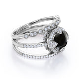 Bestselling 2 Carat Cushion cut Lab Black Diamond Halo Trio Wedding Bridal Ring Set in Rose Gold