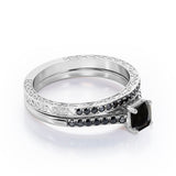 Lattice 1.5 TCW Princess Cut Lab Created Black Diamond 4-Prong Pave Bridal Set in White Gold