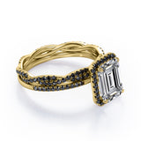 Crossover with Pave Accents - 1.75 TCW Emerald Cut Moissanite with Lab Created Black Diamond - Halo Bridal Ring Set in White Gold