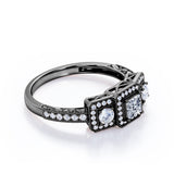 Vintage Milgrain 0.75 Carat Princess Cut Diamond Trilogy Halo Engagement Ring In White Gold